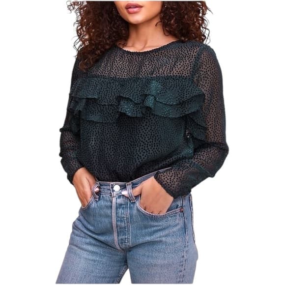 ASTR Women's Burnout Velvet Bodysuit Tiered Ruffles Forest Green Size Medium - Thumbnail 11