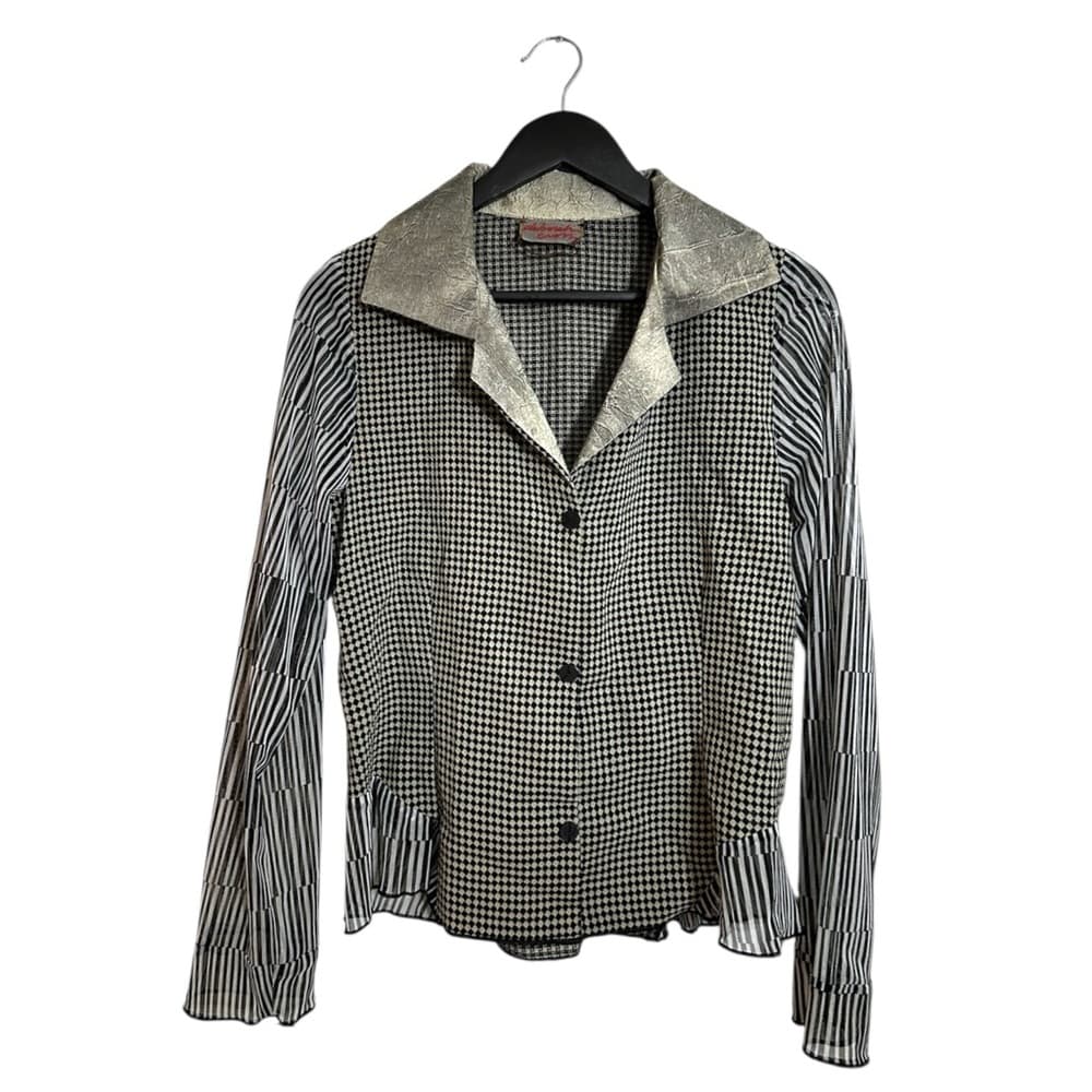 Deborah Cross Black White Mixed Print Button Up Blouse Vintage See Measurement - Thumbnail 9