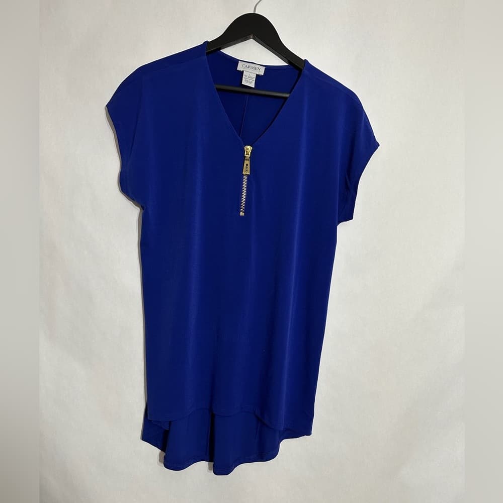 Carmen Marc Valvo Blue V-Neck Zip High Low Top Size Large Businesscore Office - Thumbnail 4