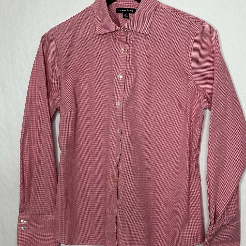 NEW Lands’ End Red Gingham Button Down Shirt Cotton Petite 12P Classic Preppy - Thumbnail 2