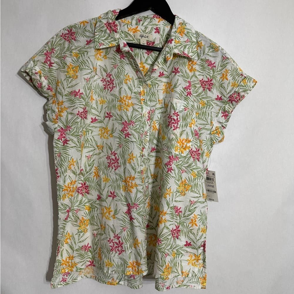 Style & Co Tropical Floral Rihanna White Blend Button-Up Shirt Size Large NWT - Thumbnail 8