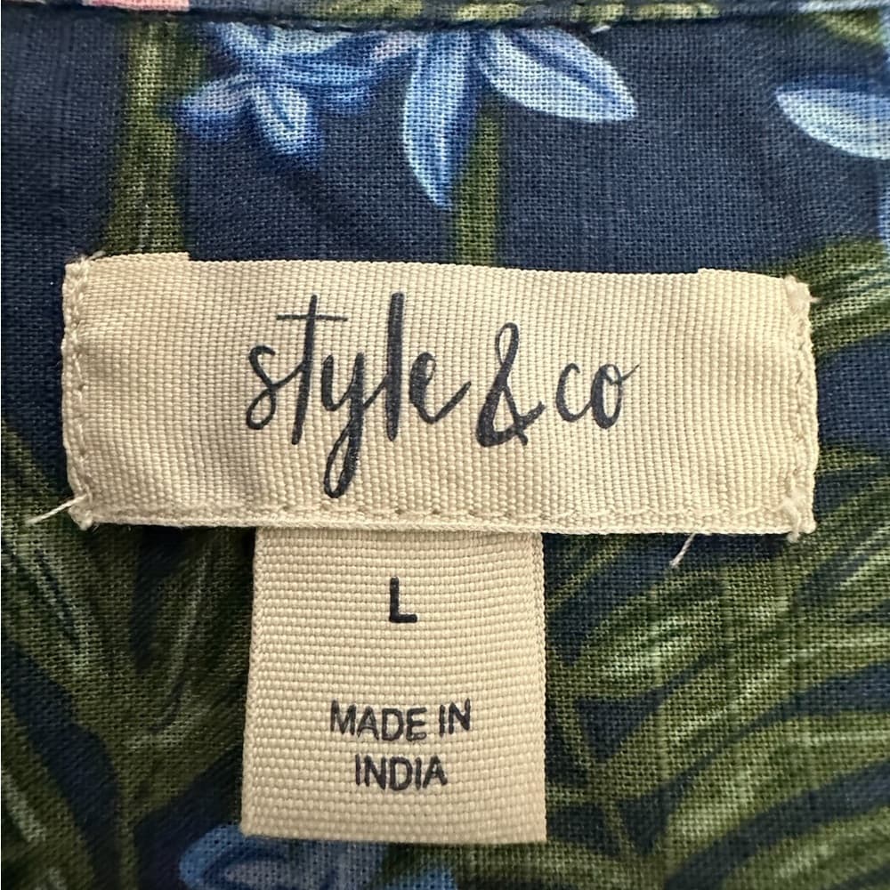 Style & Co Blue Floral Button Up Short Sleeve Shirt Women’s Large Cotton Top - Thumbnail 4