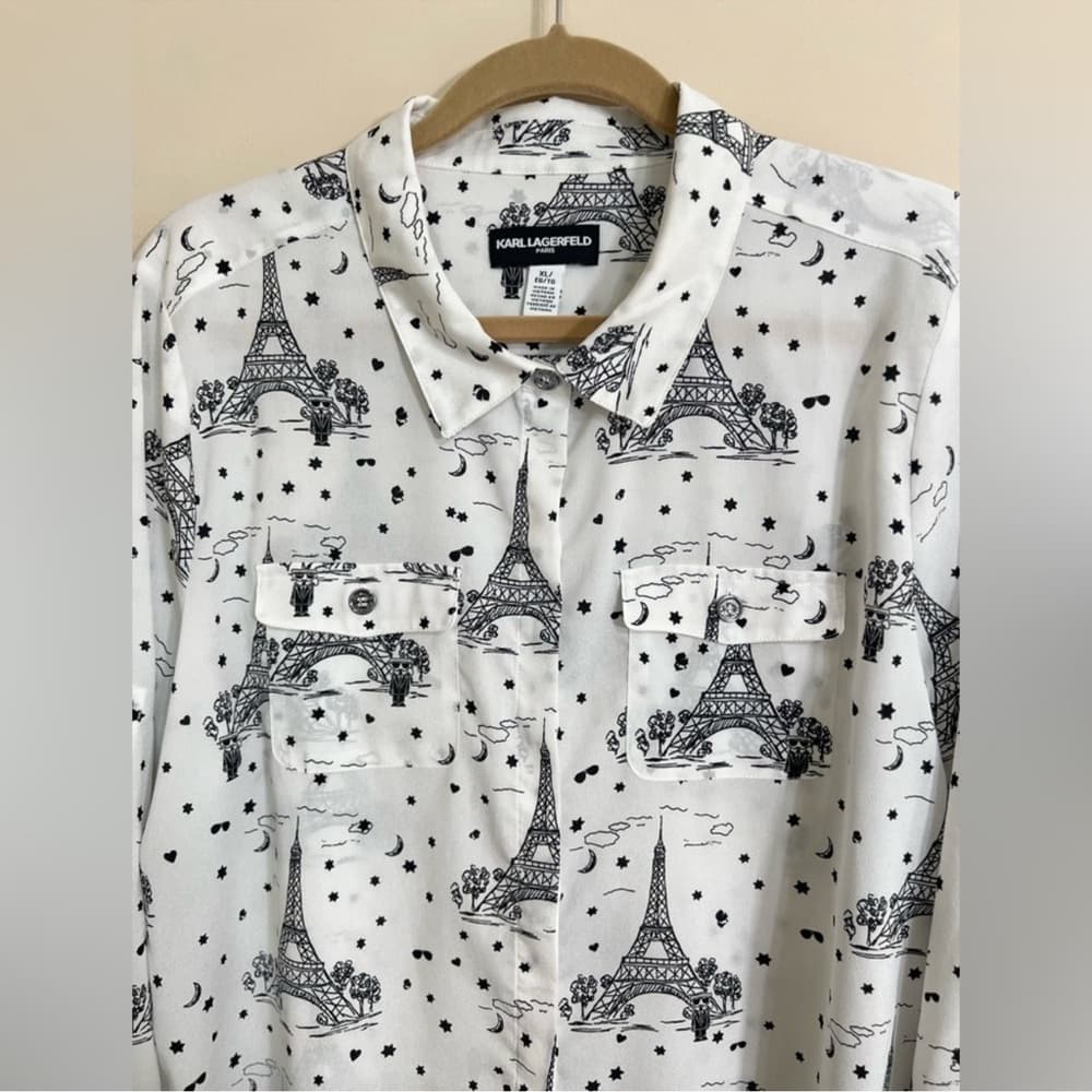 KARL LAGERFELD PARIS Whimsical Long Sleeve Top XL Button Down Eiffel Tower Sheer - Thumbnail 4
