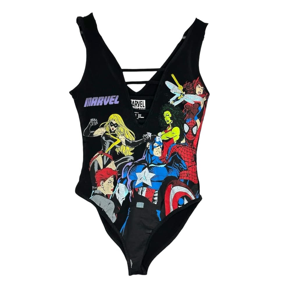 Marvel Graphic Bodysuit Black Strappy Superhero Print Size Medium Captain - Thumbnail 7