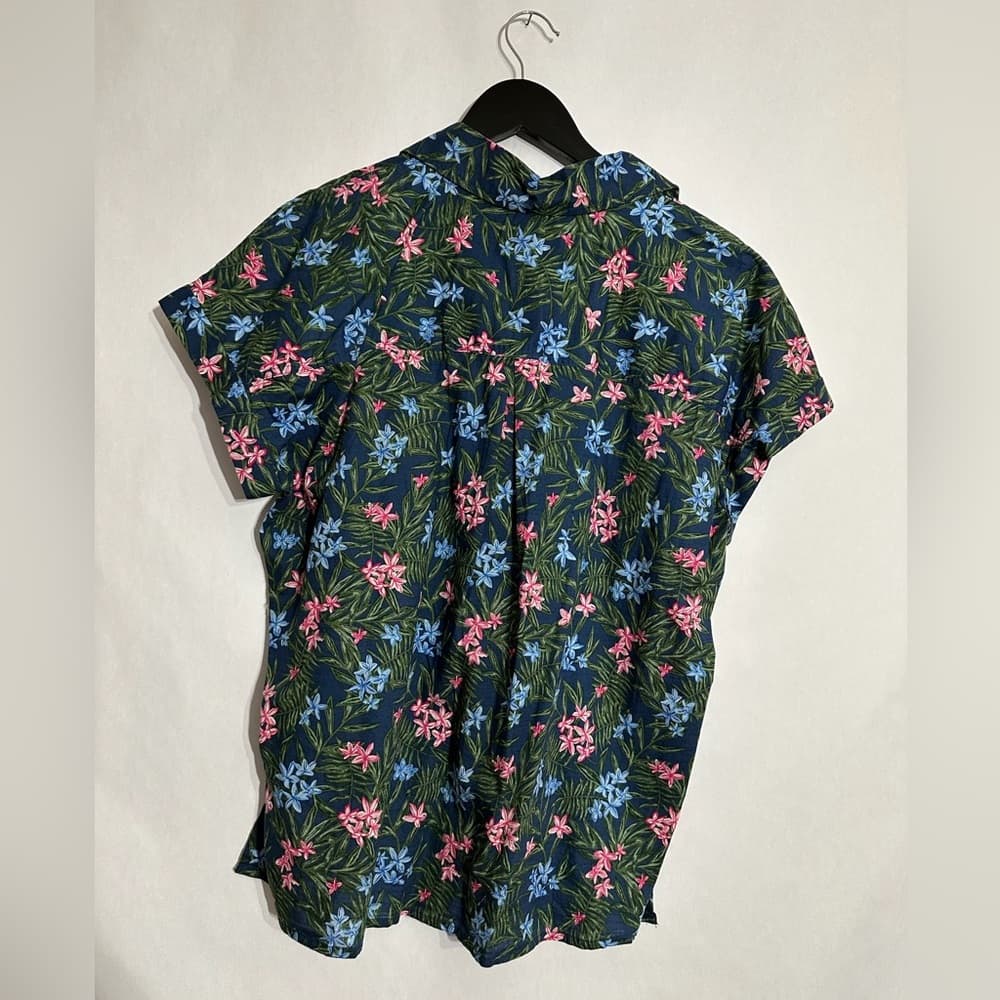 Style & Co Blue Floral Button Up Short Sleeve Shirt Women’s Large Cotton Top - Thumbnail 3