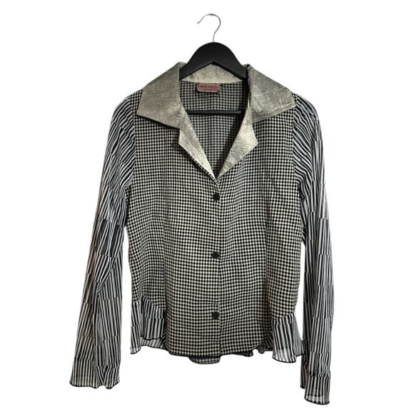 Deborah Cross Black White Mixed Print Button Up Blouse Vintage See Measurement - Thumbnail 10