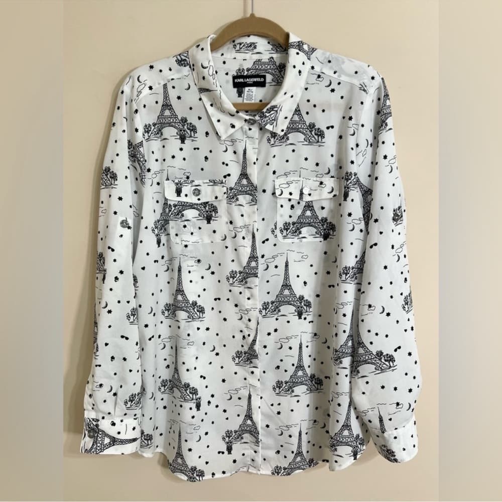 KARL LAGERFELD PARIS Whimsical Long Sleeve Top XL Button Down Eiffel Tower Sheer - Thumbnail 3