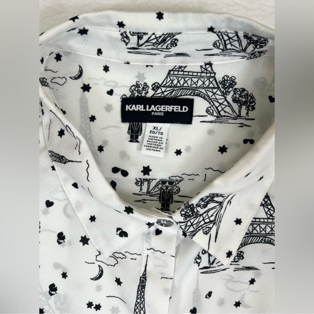 KARL LAGERFELD PARIS Whimsical Long Sleeve Top XL Button Down Eiffel Tower Sheer - Thumbnail 10