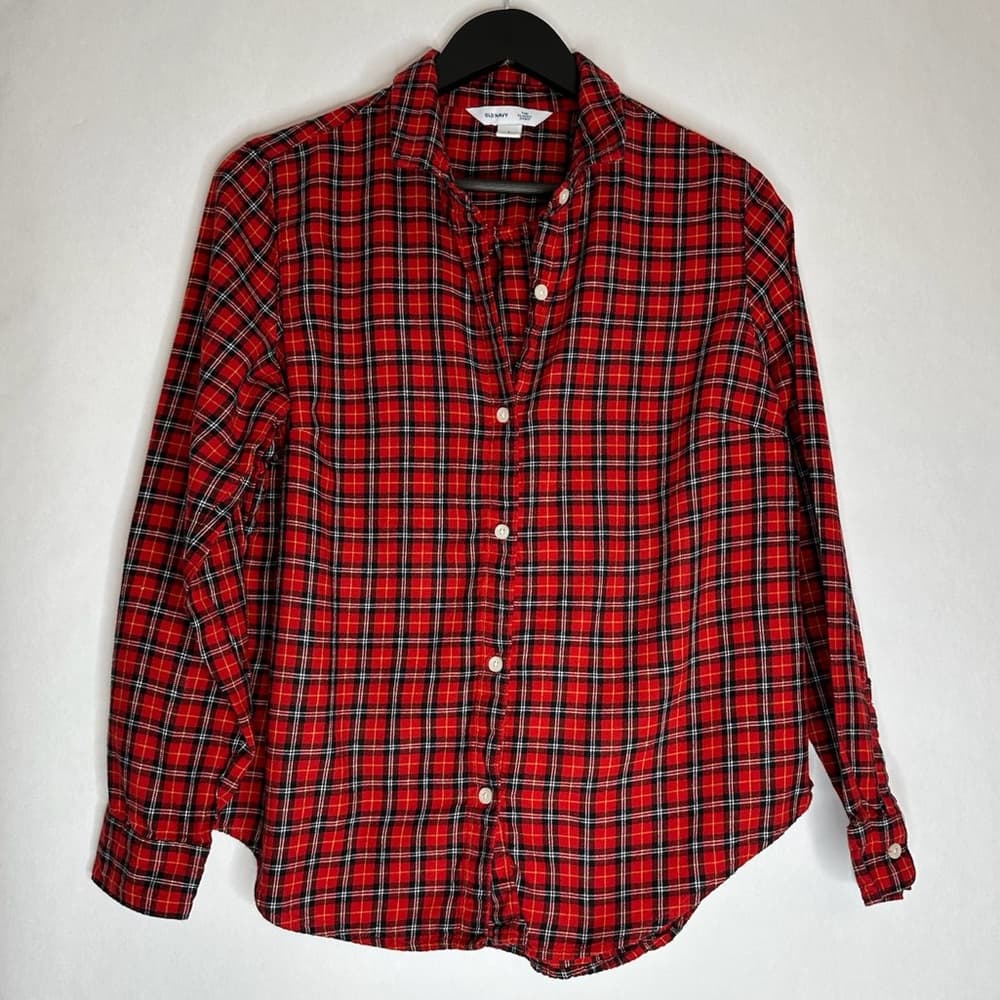 Old Navy Plaid Flannel Classic Shirt Button Up in Red Tartan Womens Size Large - Thumbnail 4