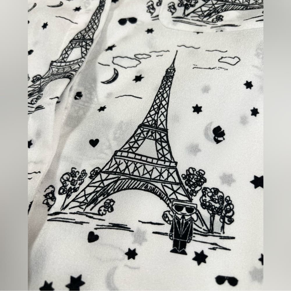 KARL LAGERFELD PARIS Whimsical Long Sleeve Top XL Button Down Eiffel Tower Sheer - Thumbnail 6