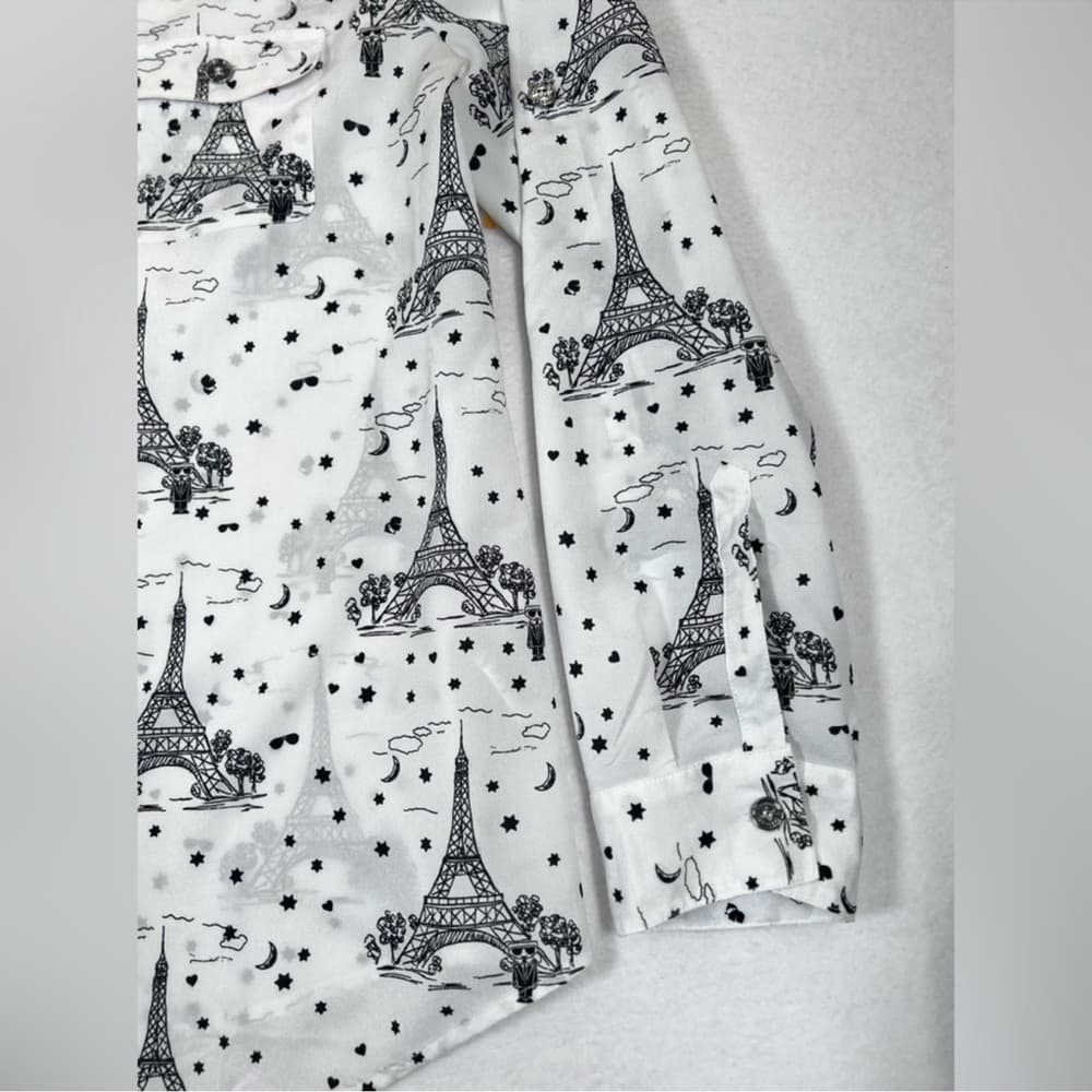 KARL LAGERFELD PARIS Whimsical Long Sleeve Top XL Button Down Eiffel Tower Sheer - Thumbnail 11