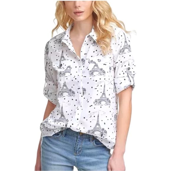 KARL LAGERFELD PARIS Whimsical Long Sleeve Top XL Button Down Eiffel Tower Sheer - Thumbnail 17