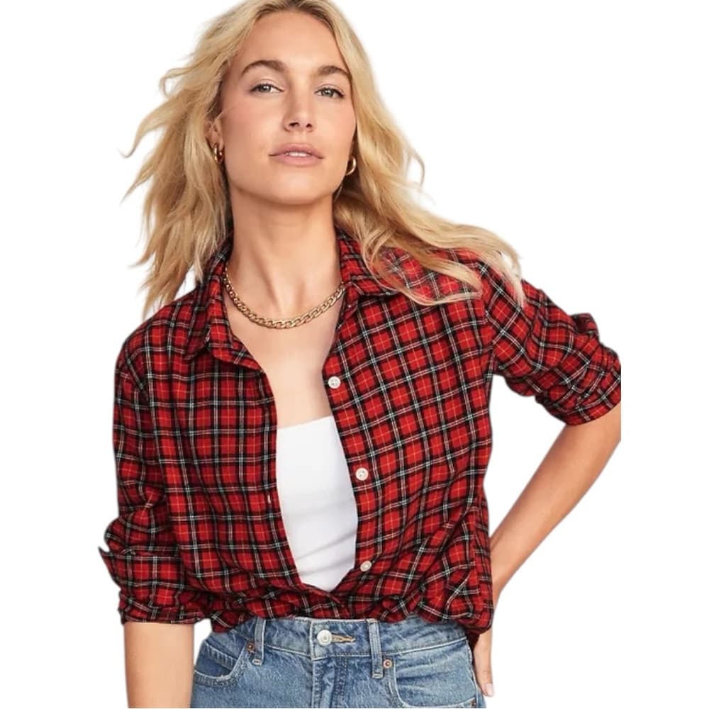 Old Navy Plaid Flannel Classic Shirt Button Up in Red Tartan Womens Size Large - Thumbnail 9