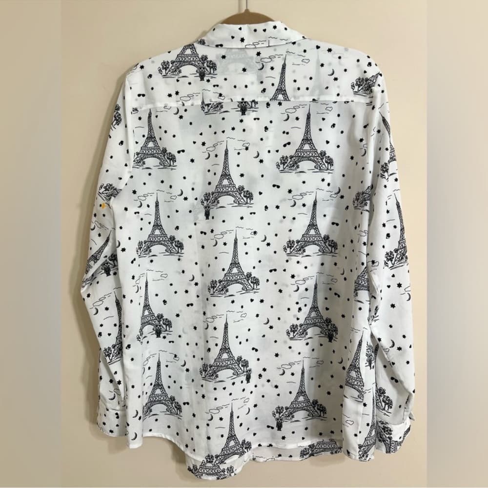 KARL LAGERFELD PARIS Whimsical Long Sleeve Top XL Button Down Eiffel Tower Sheer - Thumbnail 7