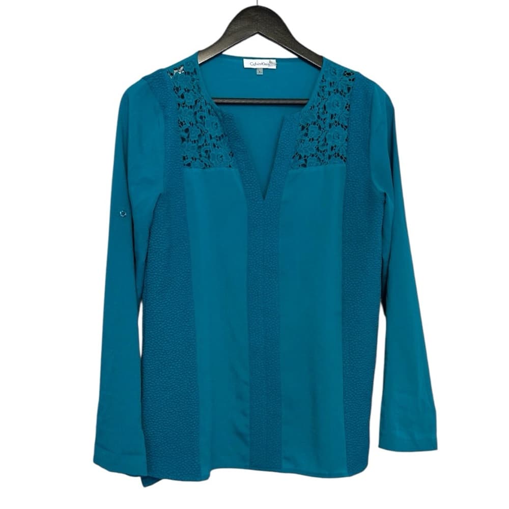 Calvin Klein Teal Lace Inlet Blouse Long Sleeve Women’s Small Office Business - Thumbnail 8