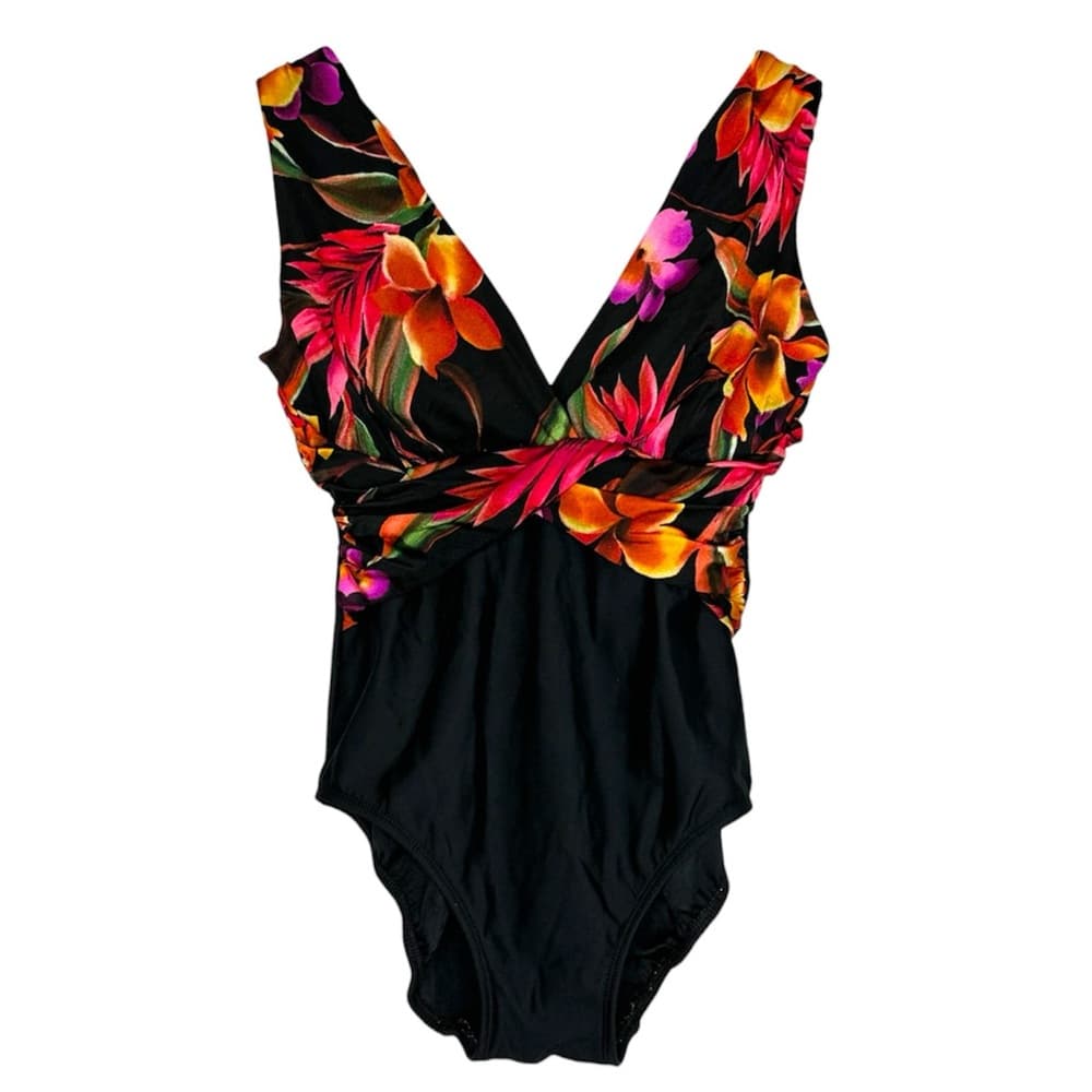 Take Control by Longitude Black Tropical One Piece Swimsuit Vintage Size 10 - Thumbnail 9