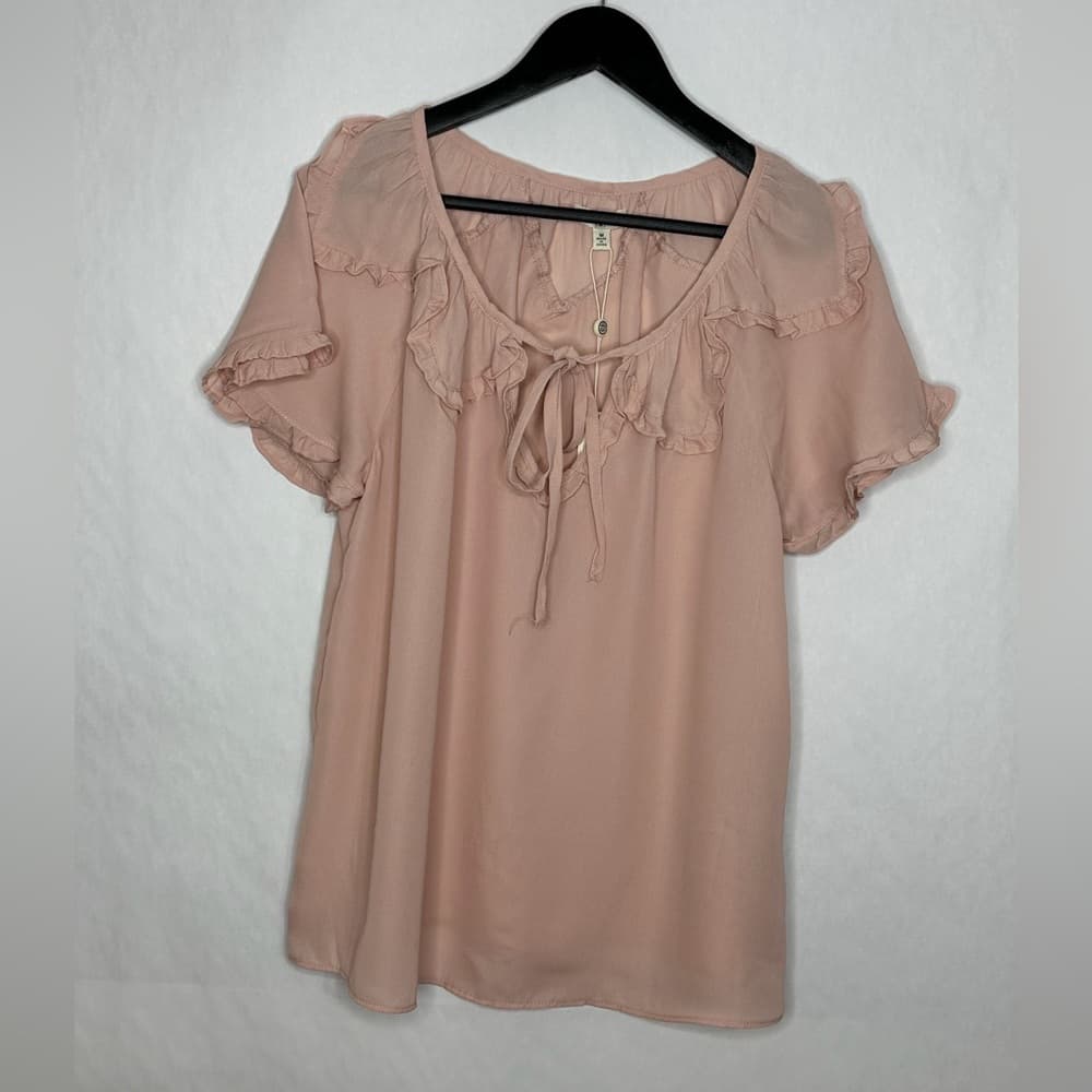 NWT Max Studio Blush Pink Ruffle Neck Tie Blouse Short Sleeve Medium Balletcore - Thumbnail 5