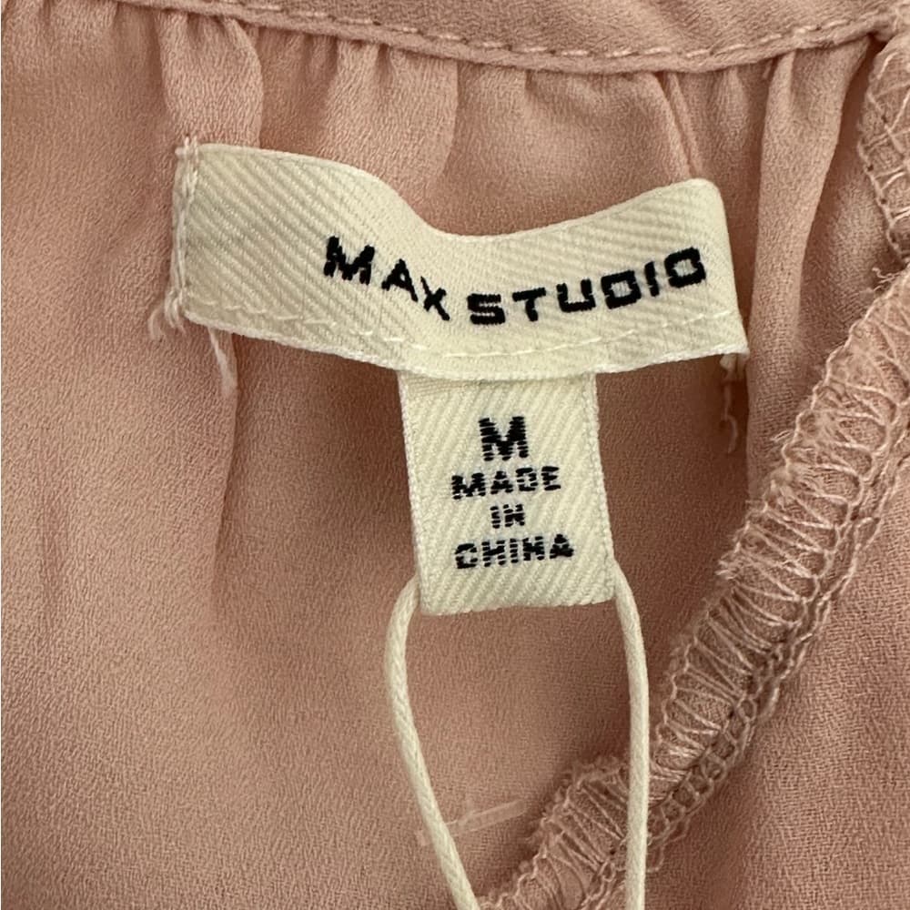 NWT Max Studio Blush Pink Ruffle Neck Tie Blouse Short Sleeve Medium Balletcore - Thumbnail 3