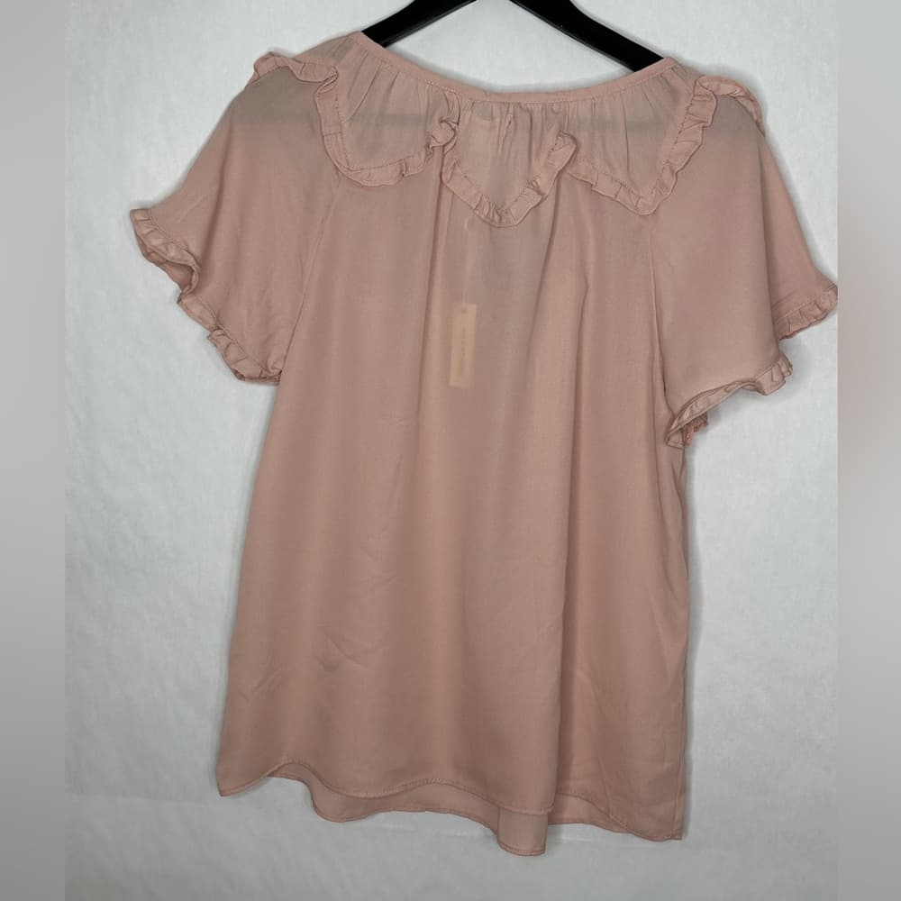 NWT Max Studio Blush Pink Ruffle Neck Tie Blouse Short Sleeve Medium Balletcore - Thumbnail 6