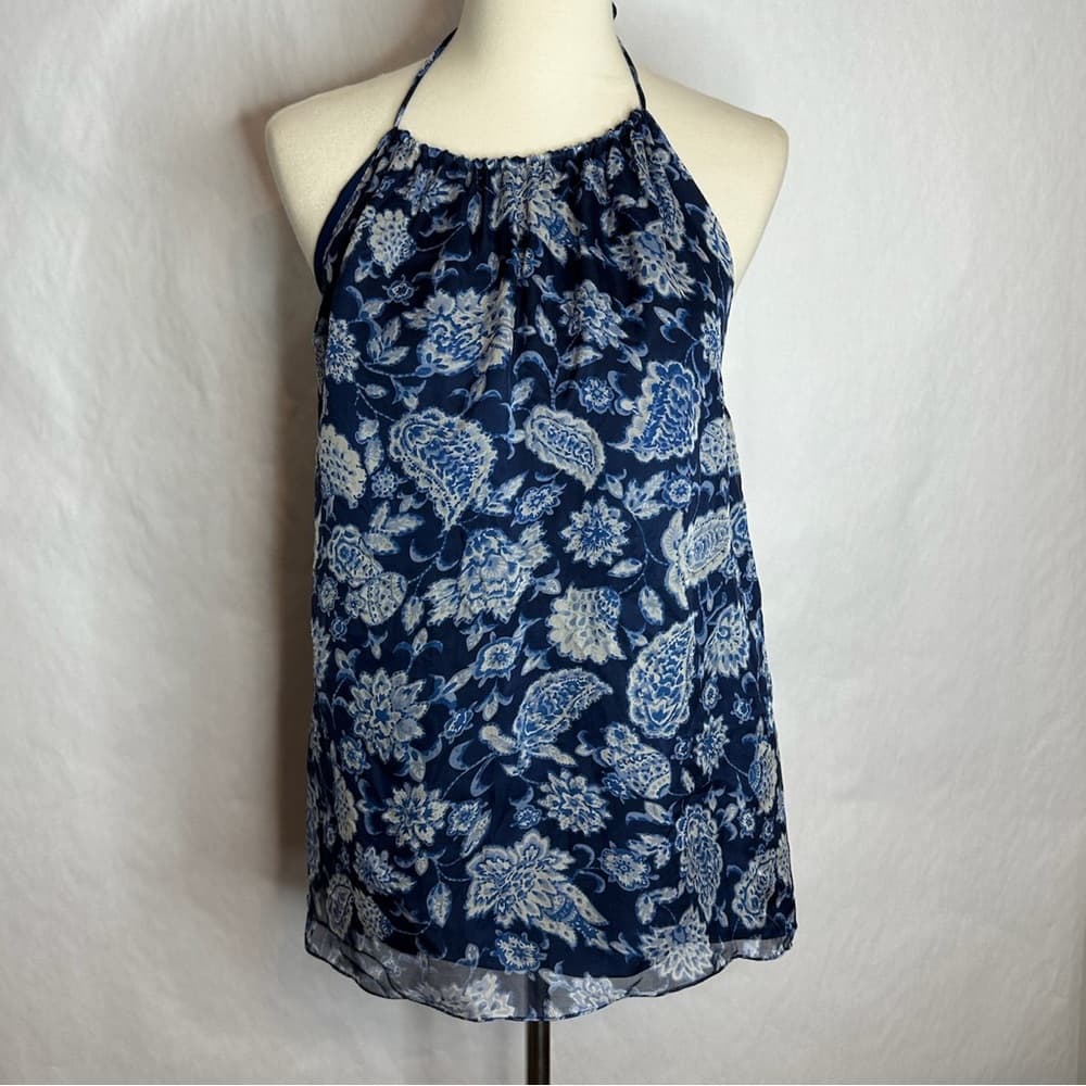 NWT Alice + Olivia Blue White Paisley Floral Silk Halter Y2K Top Blouse Medium - Thumbnail 8