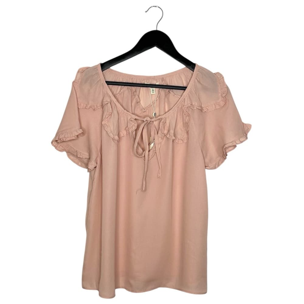 NWT Max Studio Blush Pink Ruffle Neck Tie Blouse Short Sleeve Medium Balletcore - Thumbnail 11
