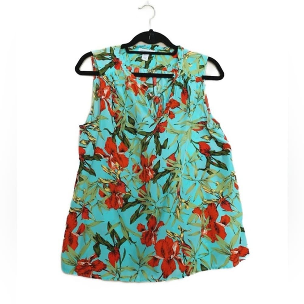 Carolina Belle Turquoise Floral Sleeveless Blouse Women’s Size Large Tropical - Thumbnail 10