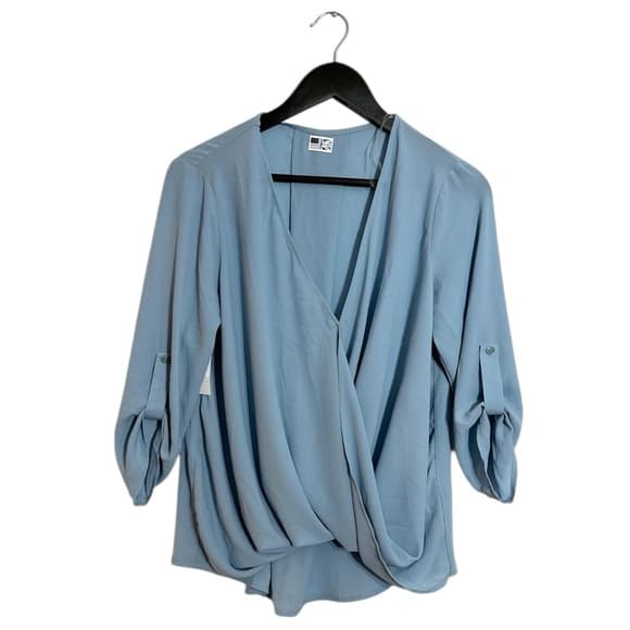 NWT Interstyle Light Blue Crepe Wrap Blouse Soft Drape Roll Sleeve Size Small - Thumbnail 8