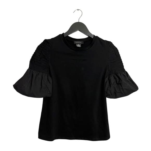 Gracia Black Puff Short Sleeve Structured Top Romantic Minimalist Size Small - Thumbnail 7
