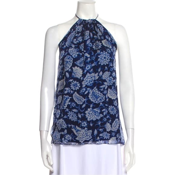 NWT Alice + Olivia Blue White Paisley Floral Silk Halter Y2K Top Blouse Medium - Thumbnail 17