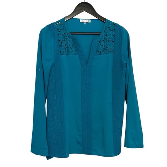 Calvin Klein Teal Lace Inlet Blouse Long Sleeve Women’s Small Office Business - Thumbnail 9