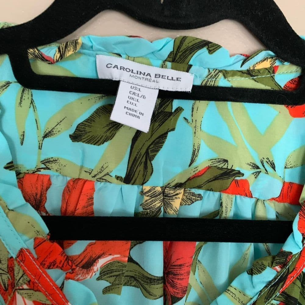 Carolina Belle Turquoise Floral Sleeveless Blouse Women’s Size Large Tropical - Thumbnail 6