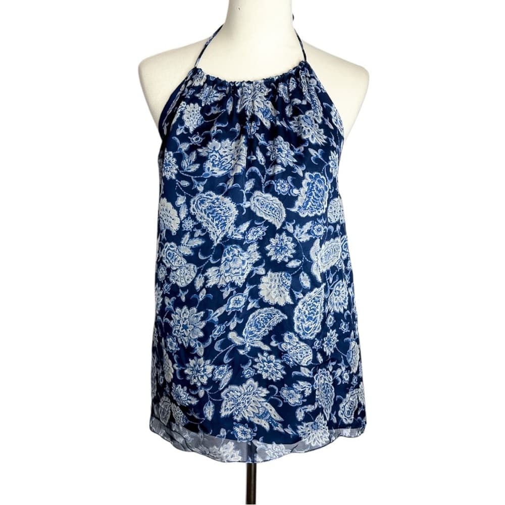 NWT Alice + Olivia Blue White Paisley Floral Silk Halter Y2K Top Blouse Medium - Thumbnail 3