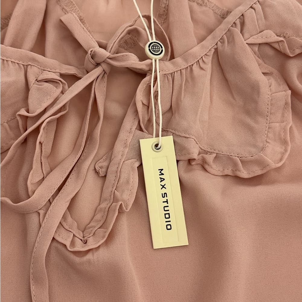 NWT Max Studio Blush Pink Ruffle Neck Tie Blouse Short Sleeve Medium Balletcore - Thumbnail 8