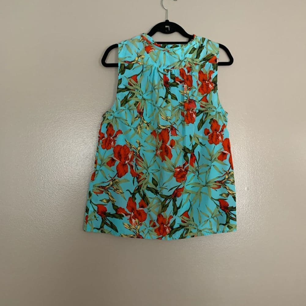 Carolina Belle Turquoise Floral Sleeveless Blouse Women’s Size Large Tropical - Thumbnail 3