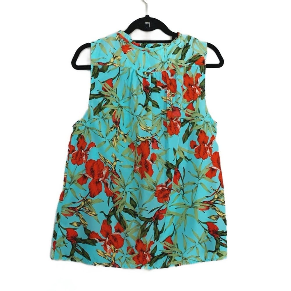Carolina Belle Turquoise Floral Sleeveless Blouse Women’s Size Large Tropical - Thumbnail 8