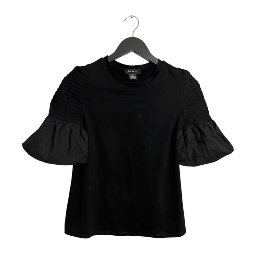Gracia Black Puff Short Sleeve Structured Top Romantic Minimalist Size Small - Thumbnail 6
