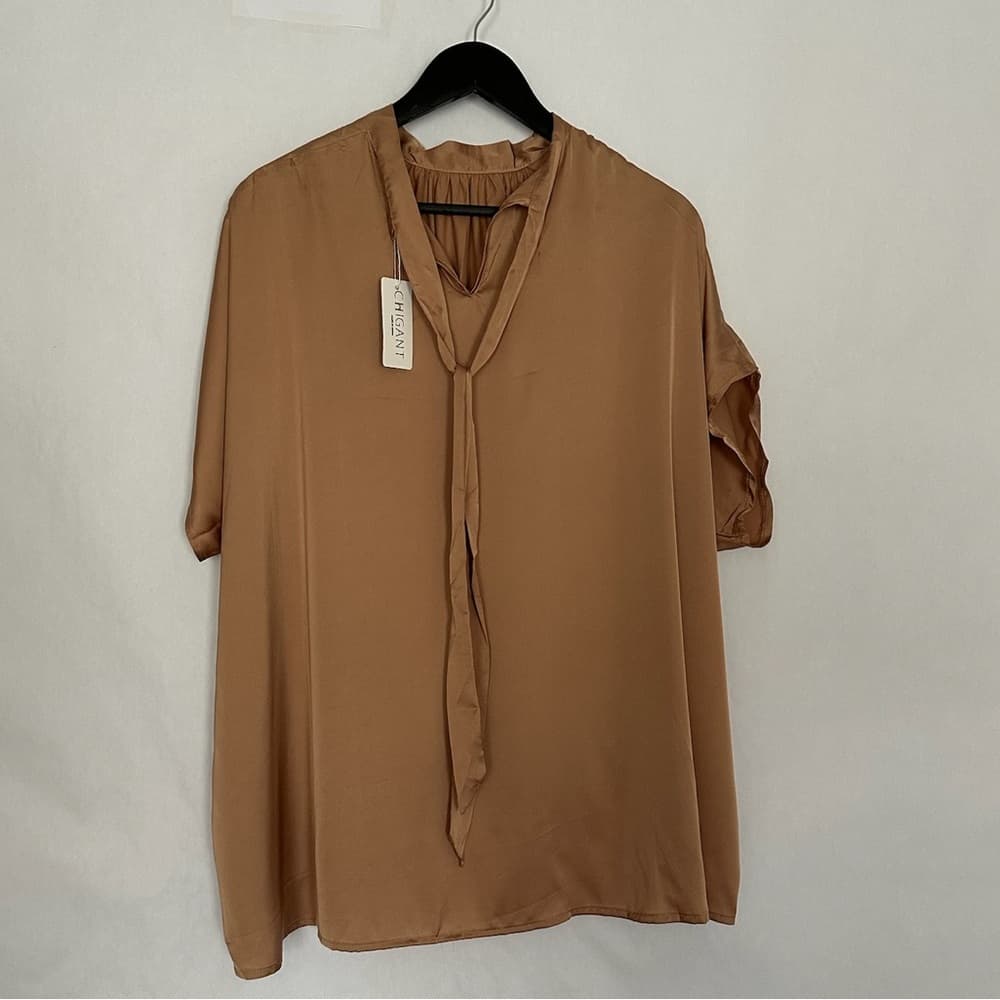 NWT Chigant Neutral Satin Blouse with Tie Neck Size Small Businesscore Boss - Thumbnail 3
