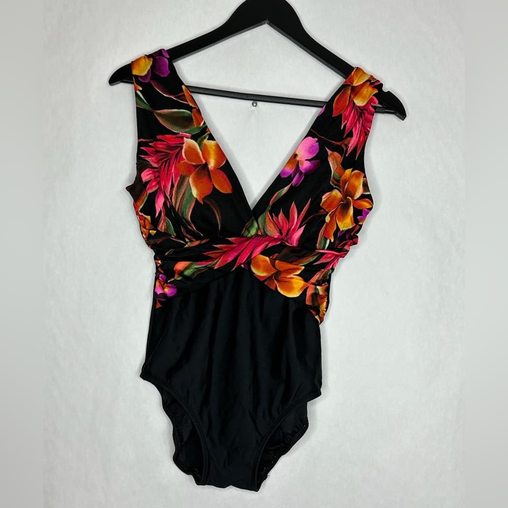 Take Control by Longitude Black Tropical One Piece Swimsuit Vintage Size 10 - Thumbnail 2
