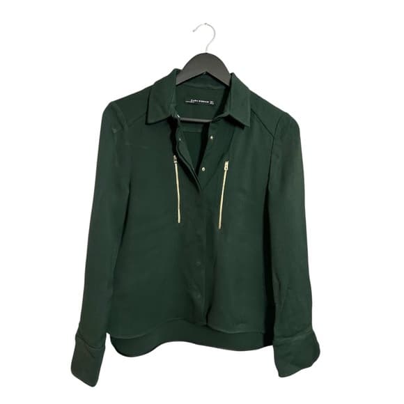 Zara Woman Forest Green Zip Detail Blouse Size XS Gold Hardware - Thumbnail 11