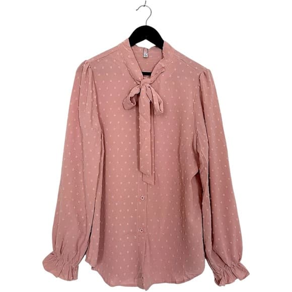 NWT ACEVOG Dusty Rose Pink Long Sleeve Bow Blouse Feminine Cottagecore Medium - Thumbnail 8