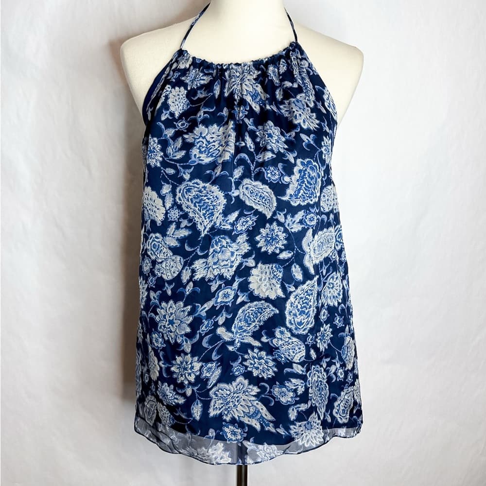 NWT Alice + Olivia Blue White Paisley Floral Silk Halter Y2K Top Blouse Medium - Thumbnail 5