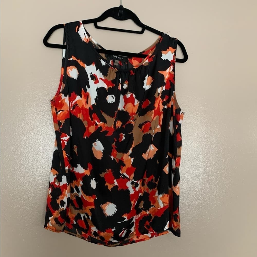 Nine West Sleeveless Floral Pattern Print Pleated at Neckline Womens Large - Thumbnail 2