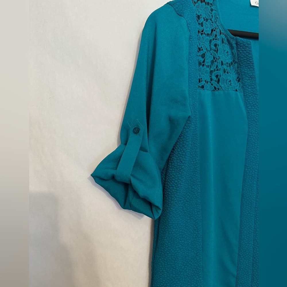 Calvin Klein Teal Lace Inlet Blouse Long Sleeve Women’s Small Office Business - Thumbnail 2