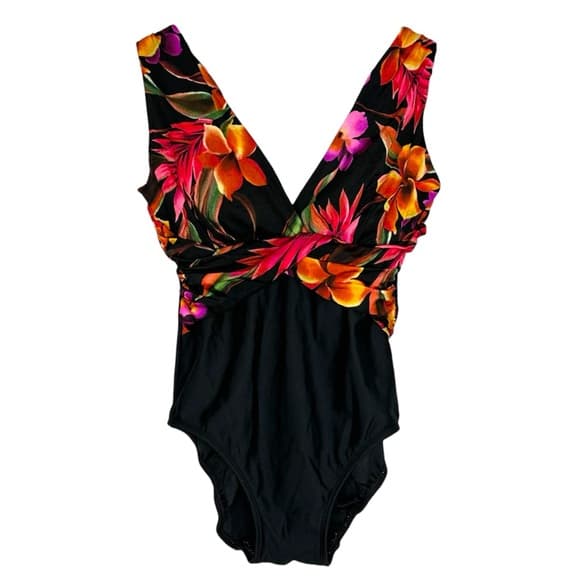 Take Control by Longitude Black Tropical One Piece Swimsuit Vintage Size 10 - Thumbnail 10