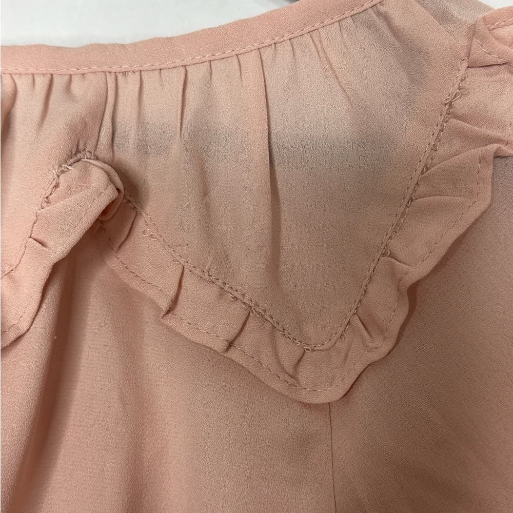 NWT Max Studio Blush Pink Ruffle Neck Tie Blouse Short Sleeve Medium Balletcore - Thumbnail 4