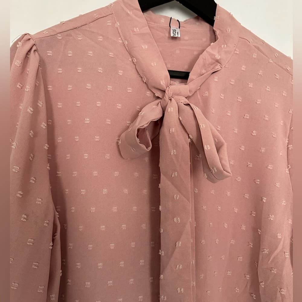 NWT ACEVOG Dusty Rose Pink Long Sleeve Bow Blouse Feminine Cottagecore Medium - Thumbnail 2