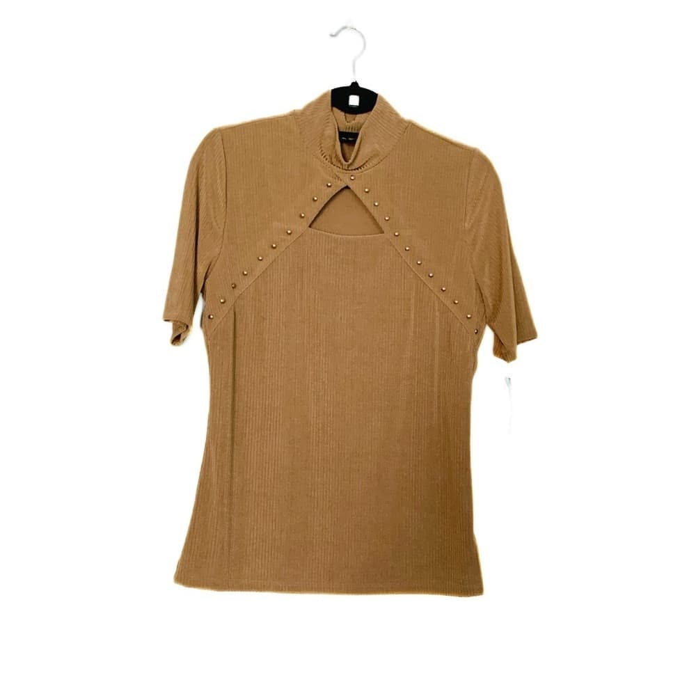NWT INC I.N.C. International Concepts Short Sleeve Cutout Mock Neck Top Shirt - Thumbnail 3