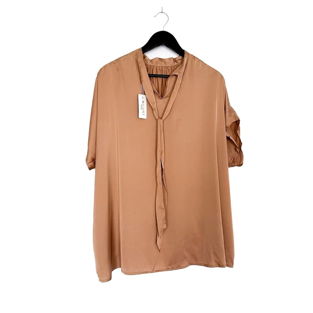 NWT Chigant Neutral Satin Blouse with Tie Neck Size Small Businesscore Boss - Thumbnail 2