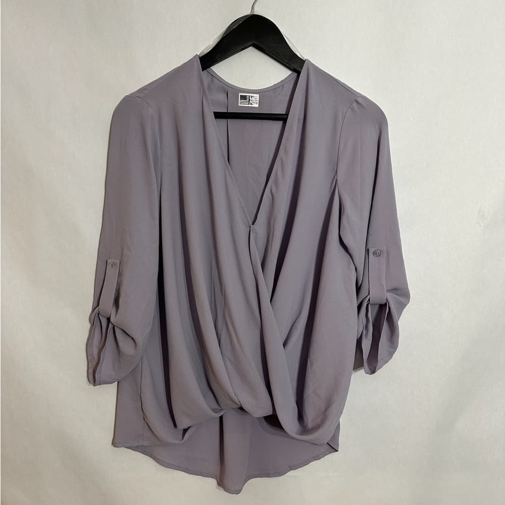 Interstyle “Amethyst” Dusty Lilac Wrap Blouse Soft Drape Roll Sleeve Size Small - Thumbnail 4
