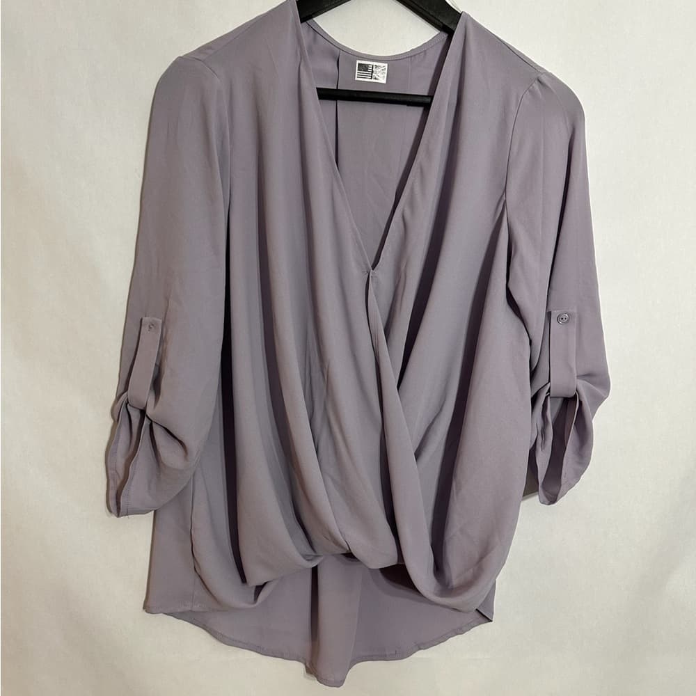 Interstyle “Amethyst” Dusty Lilac Wrap Blouse Soft Drape Roll Sleeve Size Small - Thumbnail 6